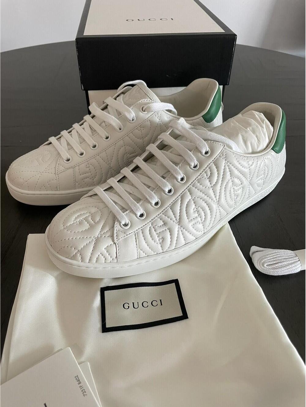 Gucci White Green Quilted Leather Lace Up Low Top Sneakers Mens Sz G8 US Sz 8.5 - Picture 2 of 9
